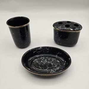 Vintage Black Marbled Ceramic 3 Pc Bathroom Vanity Set Soap Dish Cup Toothbrush
